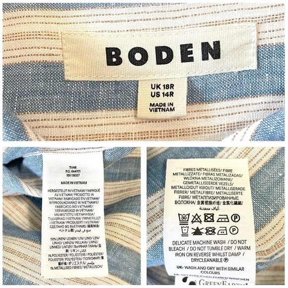 Boden Relaxed Linen Button Down Shirt Porcelain Blue Sparkle Stripe 14R - Picture 16 of 16